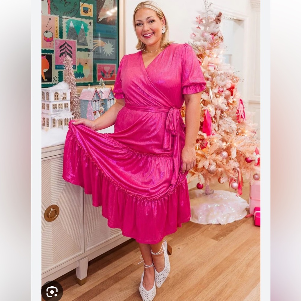 Ivy City Co Shimmery Fuchsia Wrap Midi Dress - Picture 4 of 12
